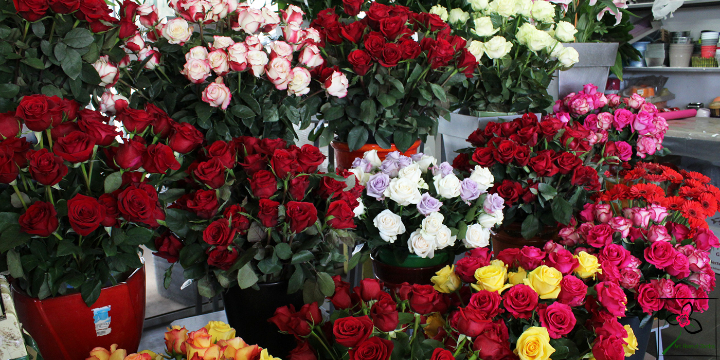 Vases de roses en mélange