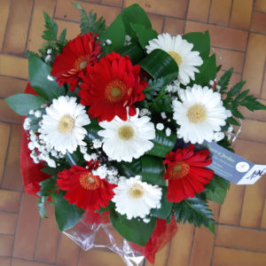 Bouquet de germinis rouges et blanc, accompagnés de gypsophile, dans une bulle
