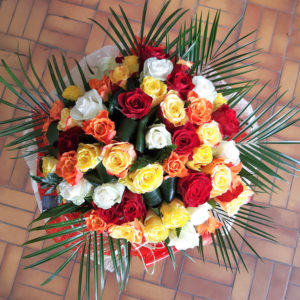 Bouquet bulle de 50 roses multicolores (rouge, orange, blanc, bicolore et jaune)