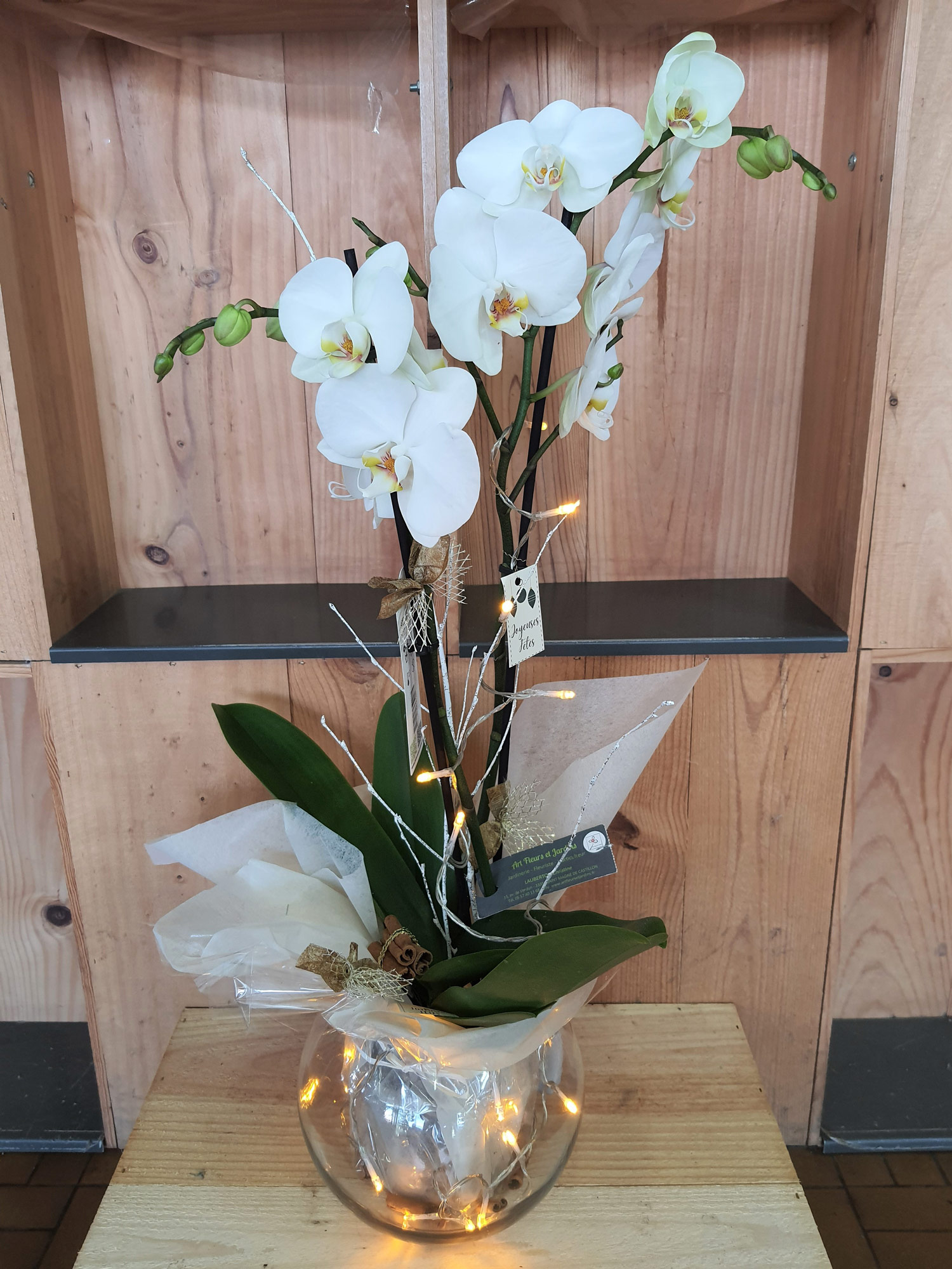 Orchidée 2 branches blanches dans son vase en verre avec une guirlande lumineuse